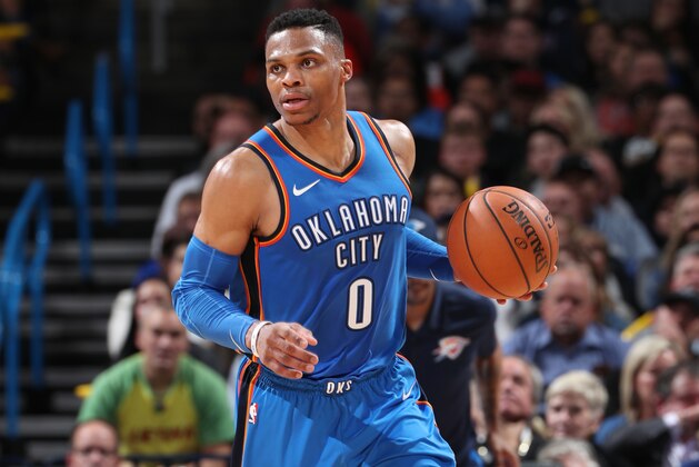 OKLAHOMA CITY, OK - FEBRUARY 13: Russell Westbrook #0 of the Oklahoma City Thunder handles the ball against the Cleveland Cavaliers on February 13, 2018 at Chesapeake Energy Arena in Oklahoma City, Oklahoma. NOTE TO USER: User expressly acknowledges and agrees that, by downloading and/or using this photograph, user is consenting to the terms and conditions of the Getty Images License Agreement. Mandatory Copyright Notice: Copyright 2018 NBAE (Photo by Joe Murphy/NBAE via Getty Images)