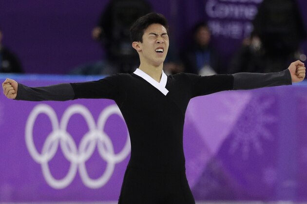 Nathan Chen of the United States reacts following his performance during the men's free figure skating final in the Gangneung Ice Arena at the 2018 Winter Olympics in Gangneung, South Korea, Saturday, Feb. 17, 2018. (AP Photo/David J. Phillip)