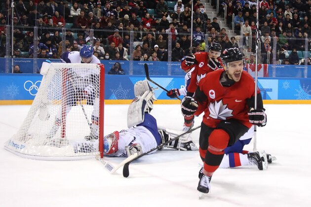 GANGNEUNG, SOUTH KOREA - FEBRUARY 18:  Gilbert Brule #7 of Canada celebrates after scoring a goal against Matt Dalton #1 of Korea in the third period during the Men's Ice Hockey Preliminary Round Group A game on day nine of the PyeongChang 2018 Winter Olympic Games at Gangneung Hockey Centre on February 18, 2018 in Gangneung, South Korea.  (Photo by Bruce Bennett/Getty Images)