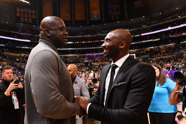 LOS ANGELES, CA - DECEMBER 18: Shaquille O'Neal and Kobe Bryant greet after the jersey retirement ceremony on December 18, 2017 at STAPLES Center in Los Angeles, California. NOTE TO USER: User expressly acknowledges and agrees that, by downloading and/or using this Photograph, user is consenting to the terms and conditions of the Getty Images License Agreement. Mandatory Copyright Notice: Copyright 2017 NBAE (Photo by Andrew D. Bernstein/NBAE via Getty Images)