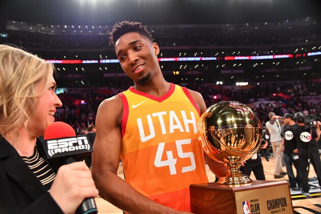 LOS ANGELES, CA - FEBRUARY 17:  Donovan Mitchell #45 of the Utah Jazz talks to the media after winning the dunk contest during the Verizon Slam Dunk Contest during State Farm All-Star Saturday Night as part of the 2018 NBA All-Star Weekend on February 17, 2018 at STAPLES Center in Los Angeles, California. NOTE TO USER: User expressly acknowledges and agrees that, by downloading and/or using this photograph, user is consenting to the terms and conditions of the Getty Images License Agreement.  Mandatory Copyright Notice: Copyright 2018 NBAE (Photo by Jesse D. Garrabrant/NBAE via Getty Images)