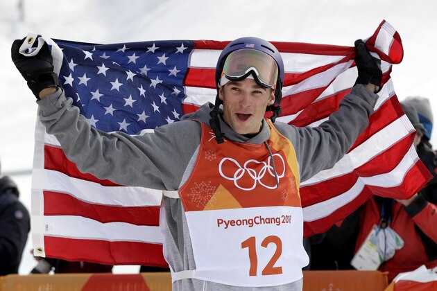 Silver medal winner Nick Goepper, of the United States, celebrates after the men's slopestyle final at Phoenix Snow Park at the 2018 Winter Olympics in Pyeongchang, South Korea, Sunday, Feb. 18, 2018. (AP Photo/Gregory Bull)