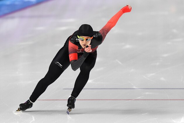 Canada's Marsha Hudey competes in the women's 500m speed skating event during the Pyeongchang 2018 Winter Olympic Games at the Gangneung Oval in Gangneung on February 18, 2018. / AFP PHOTO / Mladen ANTONOV        (Photo credit should read MLADEN ANTONOV/AFP/Getty Images)