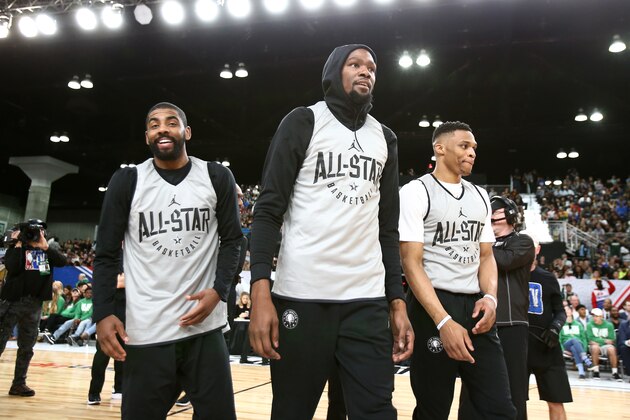 LOS ANGELES, CA - FEBRUARY 17: (L-R) Kyrie Irving #11, Kevin Durant #35 and Russell Westbrook #0 of Team LeBron participate in the NBA All-Star practice as part of the 2018 NBA All-Star Weekend on February 17, 2018 at the Verizon Up Arena at the LACC in Los Angeles, California. NOTE TO USER: User expressly acknowledges and agrees that, by downloading and/or using this photograph, user is consenting to the terms and conditions of the Getty Images License Agreement.  Mandatory Copyright Notice: Copyright 2018 NBAE (Photo by Nathaniel S. Butleri/NBAE via Getty Images)