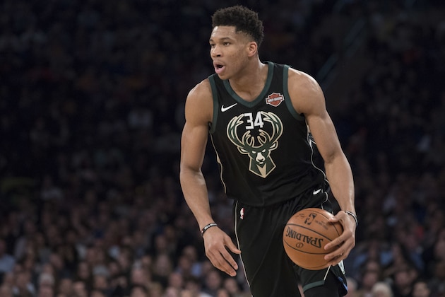 Milwaukee Bucks forward Giannis Antetokounmpo handles the ball during the first half of an NBA basketball game against the Milwaukee Bucks, Tuesday, Feb. 6, 2018, at Madison Square Garden in New York. (AP Photo/Mary Altaffer)