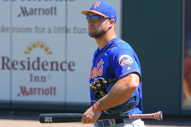 LAKELAND, FL - MARCH 20:  Tim Tebow #97 of the New York Mets looks on prior to the Spring Training game against the Detroit Tigers at Publix Field at Joker Marchant Stadium on March 20, 2017 in Lakeland, Florida. The Tigers defeated the Mets 5-1.  (Photo by Mark Cunningham/MLB Photos via Getty Images)