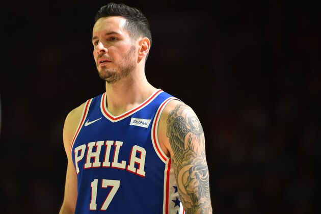 PHILADELPHIA,PA - FEBRUARY 12 : JJ Redick #17 of the Philadelphia 76ers looks on against the New York Knicks at Wells Fargo Center on February 12, 2018 in Philadelphia, Pennsylvania NOTE TO USER: User expressly acknowledges and agrees that, by downloading and/or using this Photograph, user is consenting to the terms and conditions of the Getty Images License Agreement. Mandatory Copyright Notice: Copyright 2018 NBAE (Photo by Jesse D. Garrabrant/NBAE via Getty Images)