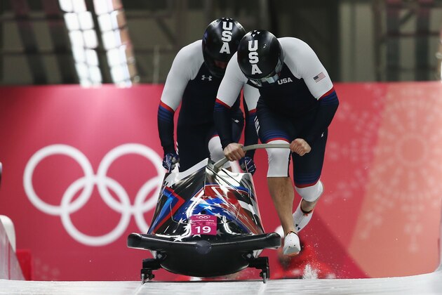PYEONGCHANG-GUN, SOUTH KOREA - FEBRUARY 18:  Justin Olsen and Evan Weinstock of the United States slide during two-man Bobsleigh heats on day nine of the PyeongChang 2018 Winter Olympic Games at Olympic Sliding Centre on February 18, 2018 in Pyeongchang-gun, South Korea.  (Photo by Dan Istitene/Getty Images)