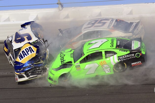 Chase Elliott (9), Kasey Kahne (95) and Danica Patrick (7) crash during the NASCAR Daytona 500 Cup series auto race at Daytona International Speedway in Daytona Beach, Fla., Sunday, Feb. 18, 2018. (AP Photo/Mike Troxell)