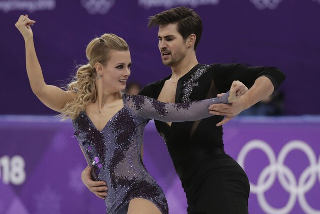 Madison Hubbell and Zachary Donohue of the United States perform during the ice dance, short dance figure skating in the Gangneung Ice Arena at the 2018 Winter Olympics in Gangneung, South Korea, Monday, Feb. 19, 2018. (AP Photo/Julie Jacobson)