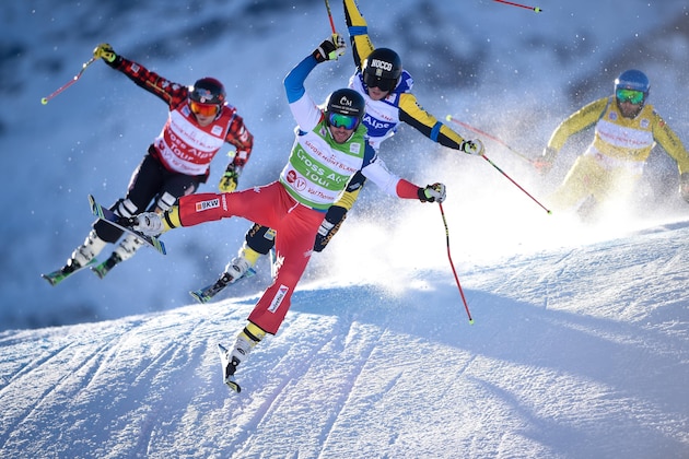 VAL THORENS, FRANCE - DECEMBER 07: Joos Berry of Switzerland competes, Victor Oehling Norberg of Sweden competes, Brady Leman of Canada competes, Paul Eckert of Germany competes during the FIS Freestyle Ski World Cup, Men's and Women's Ski Cross on December 7, 2017 in Val Thorens, France. (Photo by Laurent Salino/Agence Zoom/Getty Images)