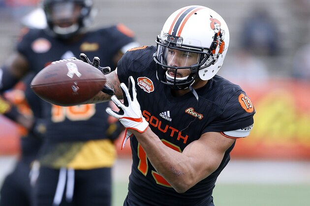 MOBILE, AL - JANUARY 27: Marcell Ateman #13 of the South team catches the ball during the Reese's Senior Bowl at Ladd-Peebles Stadium on January 27, 2018 in Mobile, Alabama. (Photo by Jonathan Bachman/Getty Images)