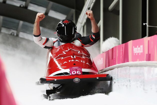 PYEONGCHANG-GUN, SOUTH KOREA - FEBRUARY 19:  Justin Kripps and Alexander Kopacz of Canada celebrate as they win joint gold during the Men's 2-Man Bobsleigh on day 10 of the PyeongChang 2018 Winter Olympic Games at Olympic Sliding Centre on February 19, 2018 in Pyeongchang-gun, South Korea.  (Photo by Alexander Hassenstein/Getty Images)