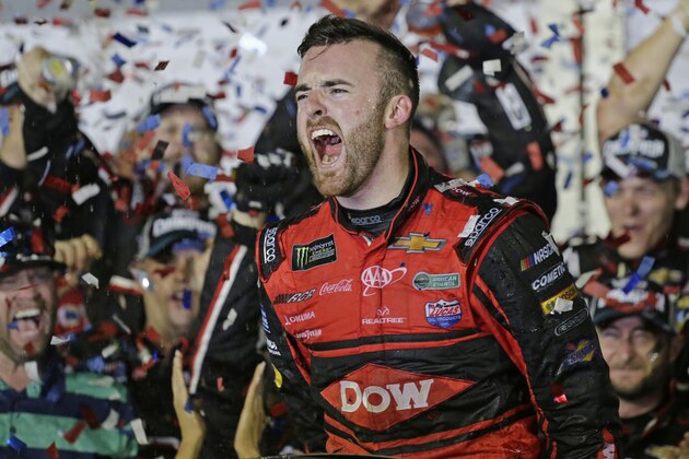 Austin Dillon celebrates in Victory Lane after winning the NASCAR Daytona 500 Cup series auto race at Daytona International Speedway in Daytona Beach, Fla., Sunday, Feb. 18, 2018. (AP Photo/Terry Renna)