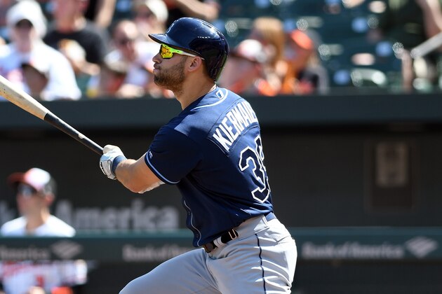 BALTIMORE, MD - SEPTEMBER 24:  Kevin Kiermaier #39 of the Tampa Bay Rays hits a home run in the first inning against the Baltimore Orioles at Oriole Park at Camden Yards on September 24, 2017 in Baltimore, Maryland.  (Photo by G Fiume/Getty Images)