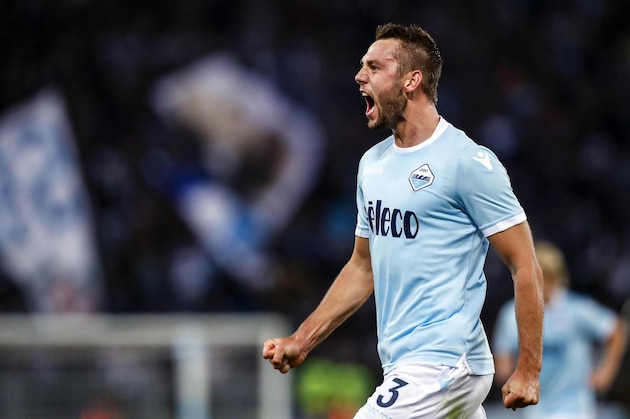 Lazio's Stefan de Vrij celebrates after scoring a goal during the Italian Serie A soccer match between Lazio and Napoli at the Olympic stadium in Rome, Italy, Wednesday, Sept. 20, 2017. (Angelo Carconi/ANSA via AP)
