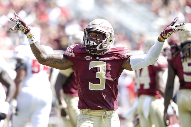 TALLAHASSEE, FL - SEPTEMBER 23: Defensive Back Derwin James #3 of the Florida State Seminoles celebrates after a play during the game against the North Carolina State Wolfpack at Doak Campbell Stadium on Bobby Bowden Field on September 23, 2017 in Tallahassee, Florida. NC State defeated Florida State 27 to 21. (Photo by Don Juan Moore/Getty Images)