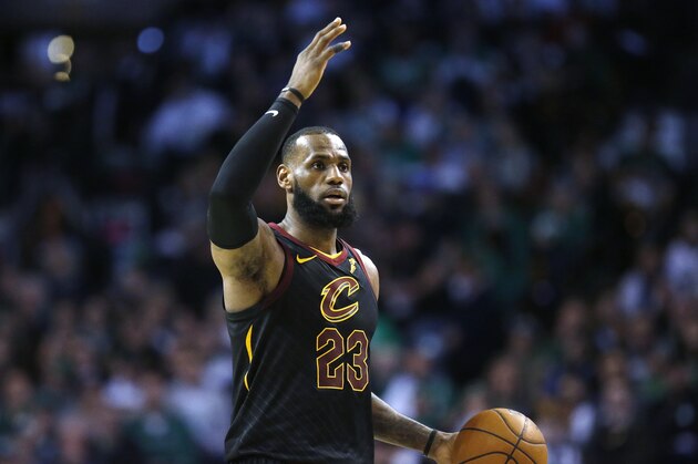 Cleveland Cavaliers' LeBron James plays against the Boston Celtics during the third quarter of an NBA basketball game in Boston, Sunday, Feb. 11, 2018. The Cavaliers won 121-99. (AP Photo/Michael Dwyer)