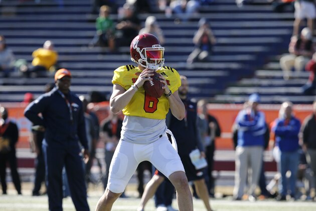 North squad quarterback Baker Mayfield of Oklahoma in action during the North team's practice for Saturday's Senior Bowl college football game in Mobile, Ala.,Thursday, Jan. 25, 2018.(AP Photo/Brynn Anderson)
