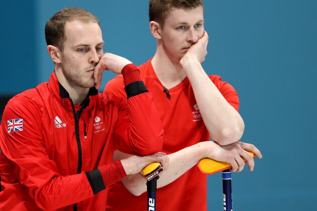 GANGNEUNG, SOUTH KOREA - FEBRUARY 19: Kyle Smith, left, and Thomas Muirhead of Great Britain looks on during Men's Round Robin Session 9 on day 10 of the PyeongChang 2018 Winter Olympic Games at Gangneung Curling Centre on February 19, 2018 in Pyeongchang-gun, South Korea. (Photo by Maddie Meyer/Getty Images)