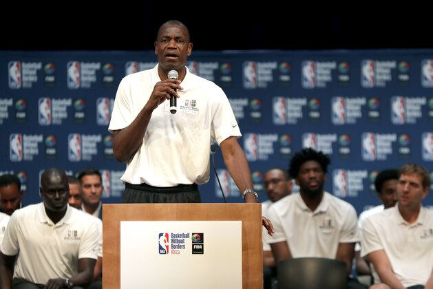 Former basketball player Dikembe Mutombo, speaks during the media conference for Basketball without Borders Africa, the NBA and FIBA's global basketball development and community outreach program, at the American International School of Johannesburg, in South Africa, Wednesday, Aug. 2, 2017. (AP Photo/Themba Hadebe)