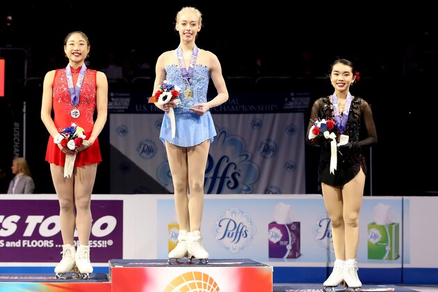 SAN JOSE, CA - JANUARY 05:  Mirai Nagasu, Bradie Tennell, Karen Chen and Ashley Wagner pose on the medals podium after the Championship Ladies during the 2018 Prudential U.S. Figure Skating Championships at the SAP Center on January 5, 2018 in San Jose, California.  (Photo by Matthew Stockman/Getty Images)