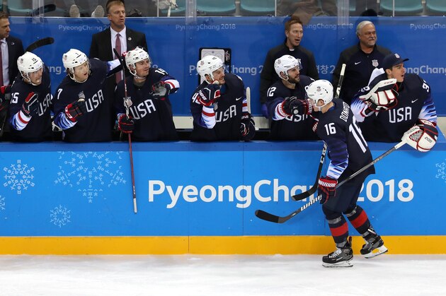 GANGNEUNG, SOUTH KOREA - FEBRUARY 16:  Ryan Donato #16 of the United States celebrates after scoring his second goal against Slovakia during the Men's Ice Hockey Preliminary Round Group B game at Gangneung Hockey Centre on February 16, 2018 in Gangneung, South Korea.  (Photo by Bruce Bennett/Getty Images)