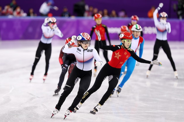 GANGNEUNG, SOUTH KOREA - FEBRUARY 20:  Minjeong of Choi of Korea celebrates winning the gold medal during the Ladies Short Track Speed Skating 3000m Relay Final A on day eleven of the PyeongChang 2018 Winter Olympic Games at Gangneung Ice Arena on February 20, 2018 in Gangneung, South Korea.  (Photo by Richard Heathcote/Getty Images)