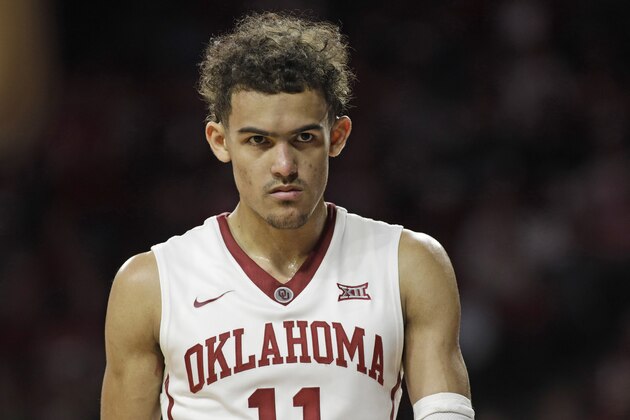 NORMAN, OK - FEBRUARY 17: Trae Young #11 of the Oklahoma Sooners looks on during the game against the Texas Longhorns at Lloyd Noble Center on February 24, 2018 in Norman, Oklahoma. The Longhorns defeated the Sooners 77-66. (Photo by Brett Deering/Getty Images)