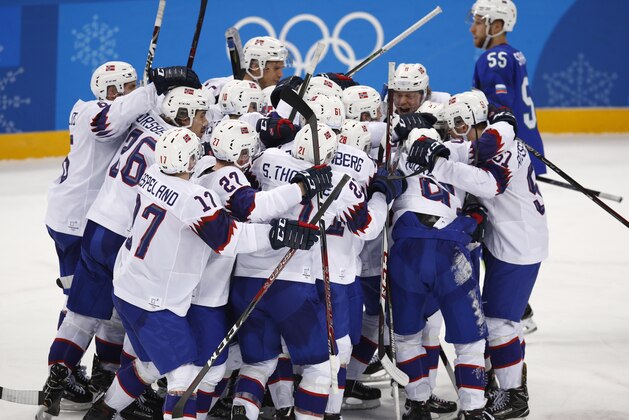 Norway players celebrate after winning the qualification round of the men's hockey game against Slovenia in overtime at the 2018 Winter Olympics in Gangneung, South Korea, Tuesday, Feb. 20, 2018. Norway won 2-1. (AP Photo/Jae C. Hong)