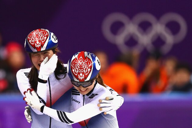 GANGNEUNG, SOUTH KOREA - FEBRUARY 20: (L-R) Alang Kim of Korea and Minjeong Choi of Korea  celebrate following the Ladies Short Track Speed Skating 3000m Relay Final A on day eleven of the PyeongChang 2018 Winter Olympic Games at Gangneung Ice Arena on February 20, 2018 in Gangneung, South Korea.  (Photo by Dean Mouhtaropoulos/Getty Images)