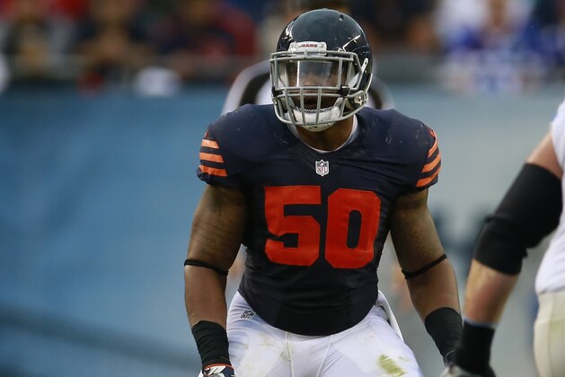 Chicago Bears inside linebacker Jerrell Freeman (50) chases down the ball against the Detroit Lions during an NFL football game, Sunday, Oct. 2, 2016, in Chicago.    (Jeff Haynes/AP Images for Panini)