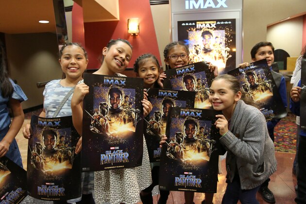 LONG BEACH, CA - FEBRUARY 15:  Boys & Girls Club Long Beach members received the celebrity treatment with concessions and more during an advance IMAX screening of 'Black Panther' on February 15, 2018 in Long Beach, California. Hosted by IMAX, Regal Entertainment Group, Walt Disney Pictures and Marvel Studios.  (Photo by Jesse Grant/Getty Images for IMAX)