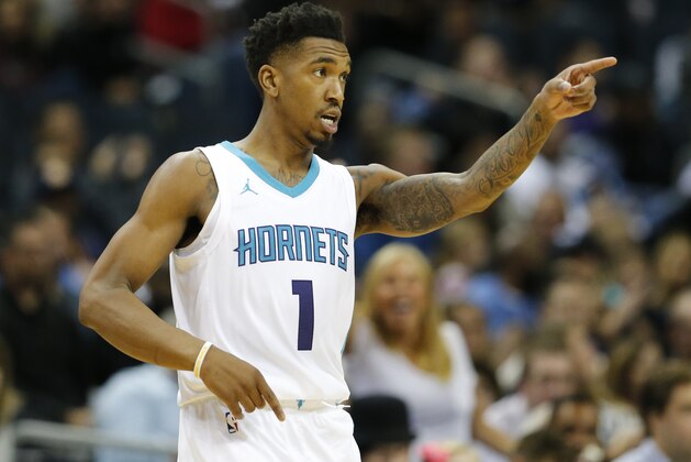 Charlotte Hornets guard Malik Monk motions to a teammate after a play against the Denver Nuggets during the second half of an NBA basketball game, Wednesday, Oct. 25, 2017, in Charlotte, N.C. (AP Photo/Jason E. Miczek)