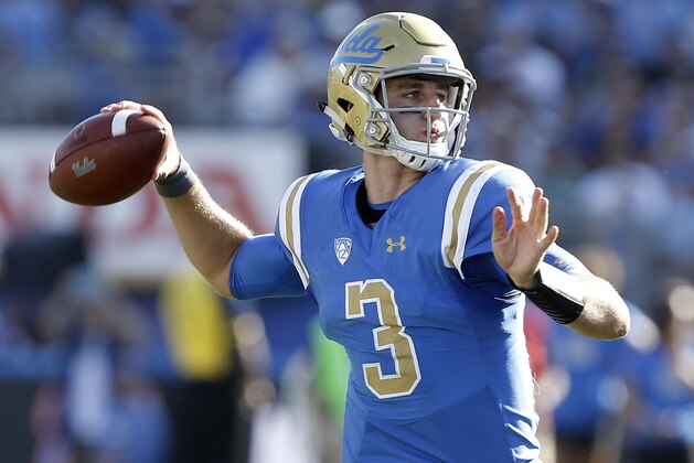FILE - In this Sept. 9, 2017, file photo, UCLA quarterback Josh Rosen (3) passes the ball against Hawaii during the second half of an NCAA college football game in Pasadena, Calif. Quarterbacks Sam Darnold, Lamar Jackson and Josh Rosen are among the record 106 underclassmen given special entry to the NFL draft, making it four of the last five seasons in which at least 95 players have declared early. The NFL released Friday, Jan. 19, 2018, the official list of college players who have requested early entry.  (AP Photo/Alex Gallardo, File)