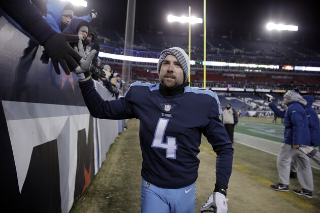 Tennessee Titans kicker Ryan Succop shakes hands with fans after beating Jacksonville Jaguars in an NFL football game Sunday, Dec. 31, 2017, in Nashville, Tenn. The Titans won 15-10 and earned an AFC wild-card playoff berth. (AP Photo/James Kenney)