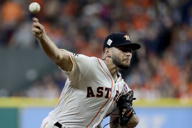 FILE - In this Oct. 27, 2017, file photo, Houston Astros starting pitcher Lance McCullers Jr. throws against the Los Angeles Dodgers during the first inning of Game 3 of baseball's World Series in Houston. McCullers headed into Game 6 of the World Series not knowing whether he would be attempting to close out a championship or starting Game 7 on Wednesday, Nov. 1. Several hours later, McCullers learned he will be on the mound for the biggest game in Astros history. (AP Photo/Matt Slocum, File)