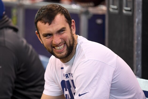 INDIANAPOLIS, IN - DECEMBER 31:  Andrew Luck #12 of the Indianapolis Colts laughs on the sideline against the Houston Texans during the second half at Lucas Oil Stadium on December 31, 2017 in Indianapolis, Indiana.  (Photo by Stacy Revere/Getty Images)