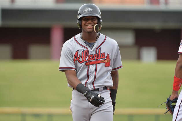 MESA, AZ - NOVEMBER 07:  Ronald Acuna #34 of Peoria Javelinas (ATL) smiles after singling against the Mesa Solar Sox in the Arizona Fall League game at Sloan Park on November 11, 2017 in Mesa, Arizona.  (Photo by Jennifer Stewart/Getty Images)