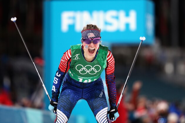 PYEONGCHANG-GUN, SOUTH KOREA - FEBRUARY 21:  Jessica Diggins of the United States celebrates as she crosses the line to win gold during the Cross Country Ladies' Team Sprint Free Final on day 12 of the PyeongChang 2018 Winter Olympic Games at Alpensia Cross-Country Centre on February 21, 2018 in Pyeongchang-gun, South Korea.  (Photo by Lars Baron/Getty Images)