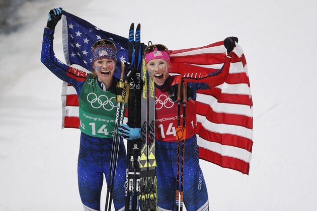 PYEONGCHANG-GUN, SOUTH KOREA - FEBRUARY 21: Randall Kikkan USA and Diggins Jessica USA celebrates winning gold during the women's Cross Country Team Sprint Free Technique at Alpensia Cross-Country Centre on February 21, 2018 in Pyeongchang-gun, South Korea. (Photo by Nils Petter Nilsson/Getty Images)