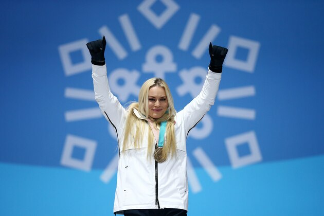 PYEONGCHANG-GUN, SOUTH KOREA - FEBRUARY 21:  Bronze medallist Lindsey Vonn of the United States celebrates during the medal ceremony for the Ladies' Downhill on day twelve of the PyeongChang 2018 Winter Olympic Games at Medal Plaza on February 21, 2018 in Pyeongchang-gun, South Korea.  (Photo by Dan Istitene/Getty Images)
