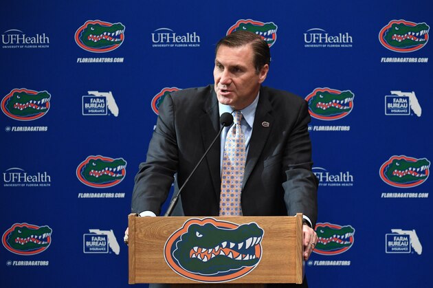 GAINESVILLE, FL - NOVEMBER 27: Florida Gators head football coach Dan Mullen speaks during an introductory press conference at the Bill Heavener football complex on November 27, 2017 in Gainesville, Florida. (Photo by Rob Foldy/Getty Images)