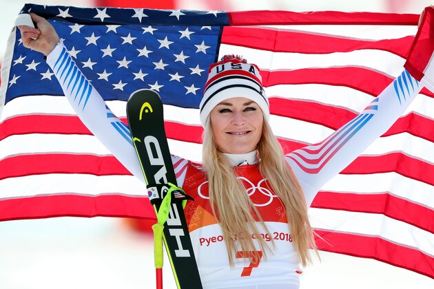 PYEONGCHANG-GUN, SOUTH KOREA - FEBRUARY 21:  Bronze medallist Lindsey Vonn of the United States celebrates during the victory ceremony for the Ladies' Downhill on day 12 of the PyeongChang 2018 Winter Olympic Games at Jeongseon Alpine Centre on February 21, 2018 in Pyeongchang-gun, South Korea.  (Photo by Tom Pennington/Getty Images)
