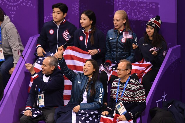 GANGNEUNG, SOUTH KOREA - FEBRUARY 09:  United States team members cheer for Nathan Chen in the Figure Skating Team Event - Men's Single Skating Short Program during the PyeongChang 2018 Winter Olympic Games at Gangneung Ice Arena on February 9, 2018 in Gangneung, South Korea.  (Photo by Harry How/Getty Images)