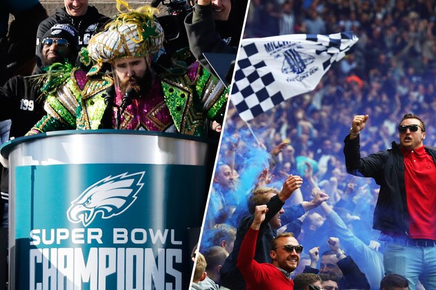 Philadelphia Eagles center Jason Kelce speaks in front of the Philadelphia Museum of Art after a Super Bowl victory parade for the Philadelphia Eagles football team, Thursday, Feb. 8, 2018, in Philadelphia. The Eagles beat the New England Patriots 41-33 in Super Bowl 52. (AP Photo/Alex Brandon)