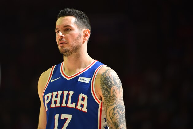 PHILADELPHIA,PA - FEBRUARY 12 : JJ Redick #17 of the Philadelphia 76ers looks on against the New York Knicks at Wells Fargo Center on February 12, 2018 in Philadelphia, Pennsylvania NOTE TO USER: User expressly acknowledges and agrees that, by downloading and/or using this Photograph, user is consenting to the terms and conditions of the Getty Images License Agreement. Mandatory Copyright Notice: Copyright 2018 NBAE (Photo by Jesse D. Garrabrant/NBAE via Getty Images)