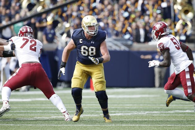 SOUTH BEND, IN - SEPTEMBER 02: Mike McGlinchey #68 of the Notre Dame Fighting Irish in action during a game against the Temple Owls at Notre Dame Stadium on September 2, 2017 in South Bend, Indiana. The Irish won 49-16. (Photo by Joe Robbins/Getty Images)