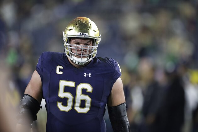 Notre Dame offensive lineman Quenton Nelson is seen during warmups of an NCAA football game against Southern California, Saturday, Oct. 21, 2017, in South Bend, Ind. (AP Photo/Carlos Osorio)