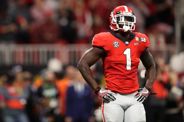 ATLANTA, GA - JANUARY 08: Sony Michel #1 of the Georgia Bulldogs stands on the field during the second quarter against the Alabama Crimson Tide in the CFP National Championship presented by AT&T at Mercedes-Benz Stadium on January 8, 2018 in Atlanta, Georgia.  (Photo by Christian Petersen/Getty Images)